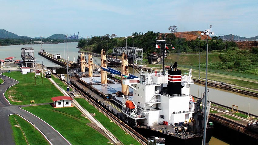 Looking At Ship At Panama Canal Lock In Panama City