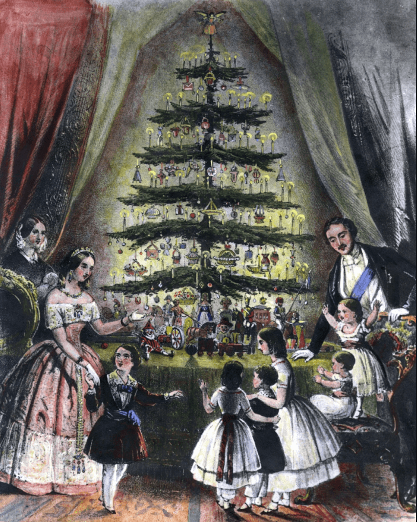 Early European Christmas illustrations depict tinsel and metal ornaments hung from Christmas trees.